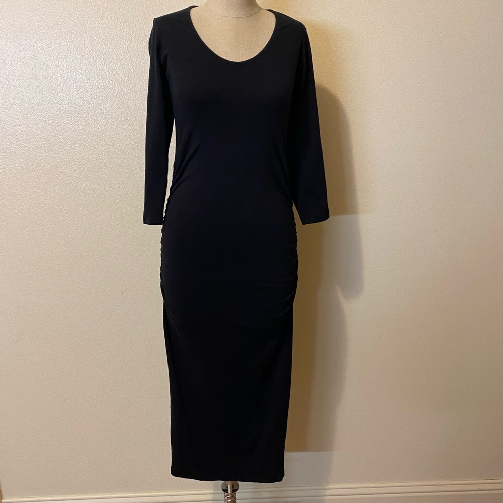 Michael Stars Ruched Classic Black Long Sleeve Midi Dress